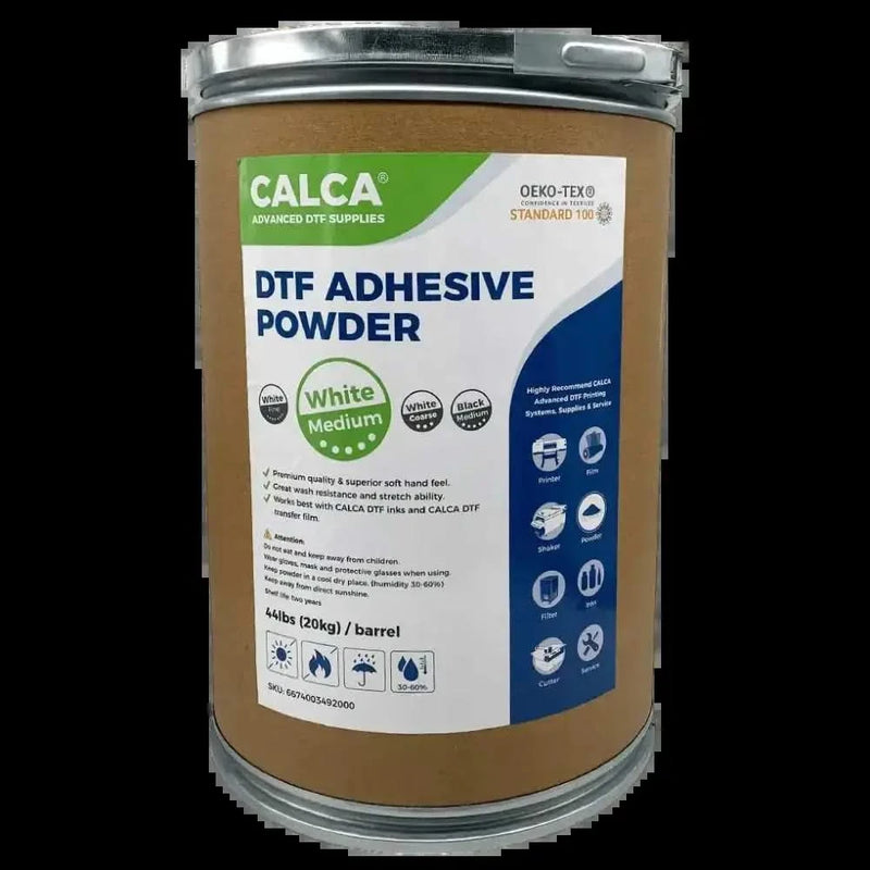 CALCA Direct to Film TPU DTF Powder, Digital Transfer Hot Melt Adhesive Powder (44lbs , 20kg/Barrel, Medium, White) - PRINTHOLIX
